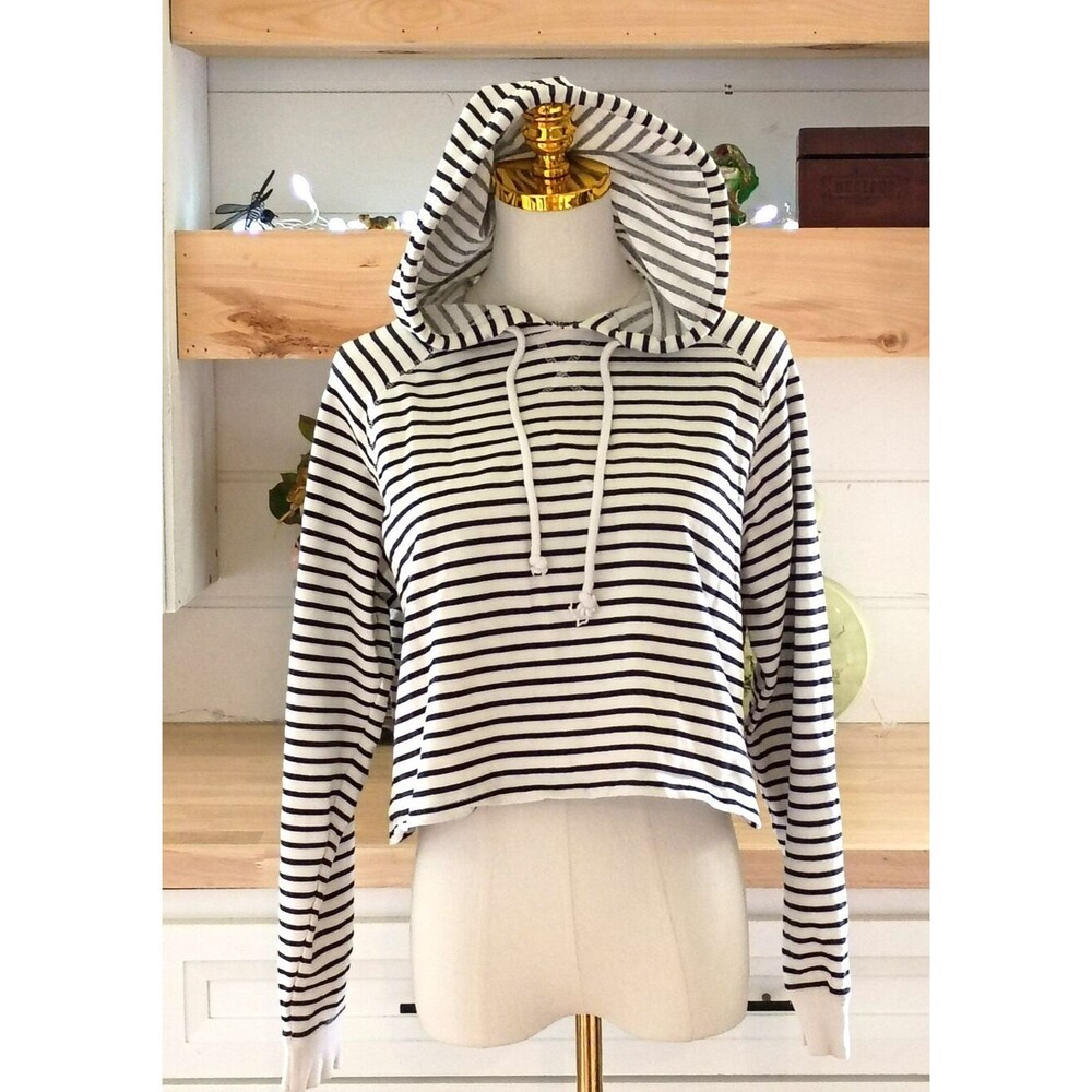 Women's Hooded White/Black Pinstripe Crop Top Sweater Pull String Hoodie